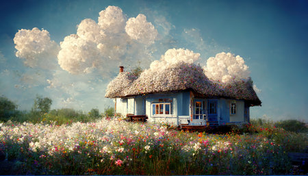 Old house in the meadow with flowers. Photo in old color image styleの写真素材