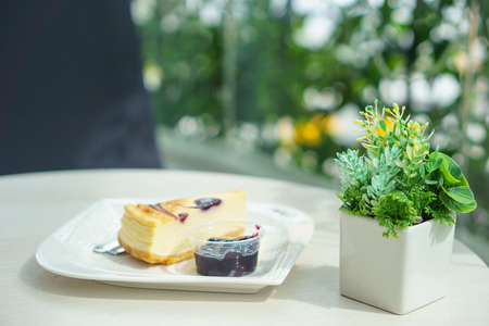 Pieces of cake with blueberry jam near small tree on the table with blurred background.の写真素材
