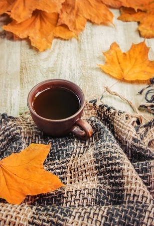 a cup of tea on a cozy autumnal background. Selective focus. nature.の写真素材