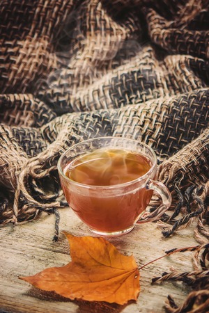 a cup of tea on a cozy autumnal background. Selective focus. nature.の写真素材