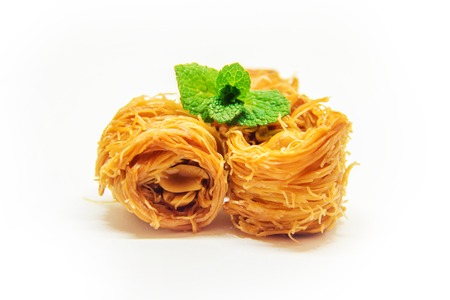 Eastern sweetness, baklava with peanuts and honey. Isolate. Selective focus. natureの写真素材