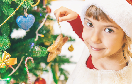 Child happy over christmas background. Christmas tree. Selective focus. Holidaysの写真素材