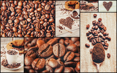 collage many pictures of coffee. Selective focus.の写真素材