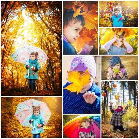 Collage of children and autumn. Selective focus.の写真素材