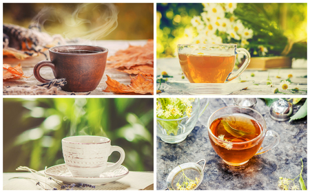Collage of tea. Selective focus. Food and drink.の写真素材