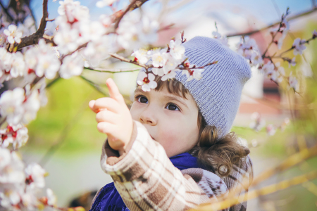 A child in a blooming garden. Selective focus.の写真素材