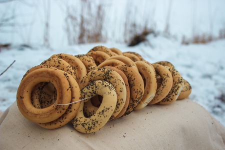 samovar tea, a bagel and buns with poppy seeds.の写真素材