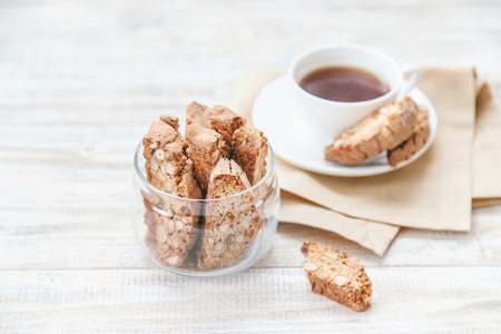 Biscotti on a light background. Tasty breakfast. Selective focus. foodの写真素材