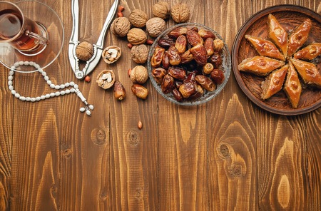 Dates, rosaries and baklava. Ramadan Selective focus nature