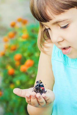 Child with a butterfly. Selective focus. nature and child.の写真素材