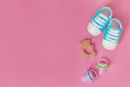 baby accessories for newborns on a colored background. selective focus. nature.