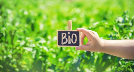 bio farm sign in the hands of a child. selective focus. nature.の写真素材