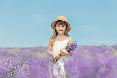 A child in a flowering field of lavender. Selective focus. nature.の写真素材