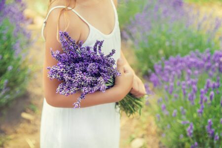 A child in a flowering field of lavender. Selective focus. nature.の写真素材