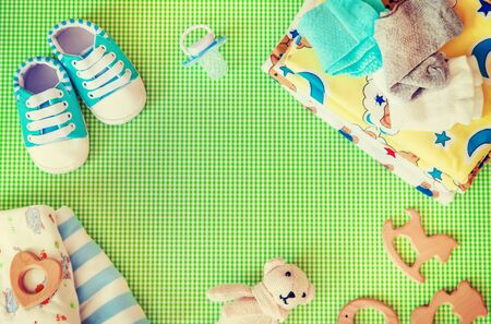 baby accessories for newborns on a colored background. selective focus. nature.の写真素材