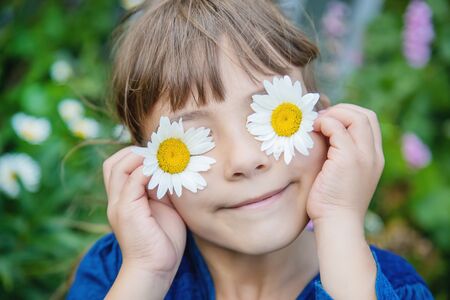 Girl with chamomile. Selective focus. nature flowers.の写真素材