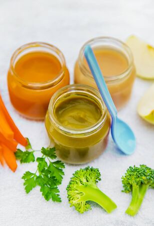 Baby food. Mashed vegetables and fruits in jars. Selective focus. nature.の写真素材