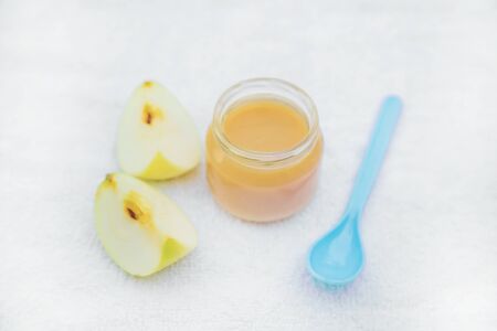 Baby food. Mashed vegetables and fruits in jars. Selective focus. nature.の写真素材