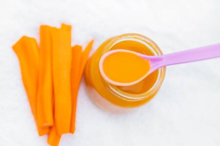 Baby food. Mashed vegetables and fruits in jars. Selective focus. nature.の写真素材