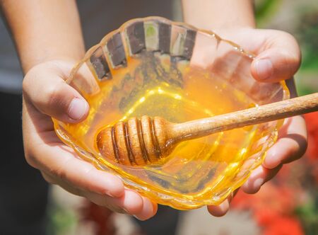 Child a plate of honey in the hands. Selective focus. nature.の写真素材