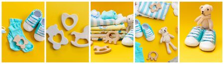 Collage baby accessories on a colored background. Selective focus. Kids.の写真素材