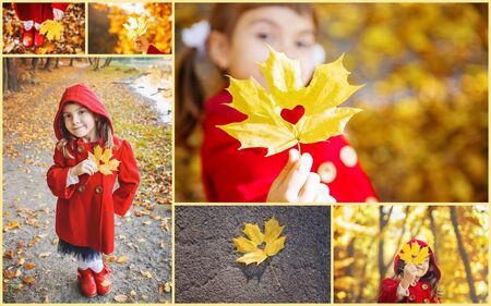 Collage and autumn children's photos. Selective focus.