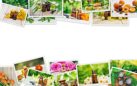 Collage of different pictures of extracts of herbs. Homeopathy. Selective focus. Nature.の写真素材