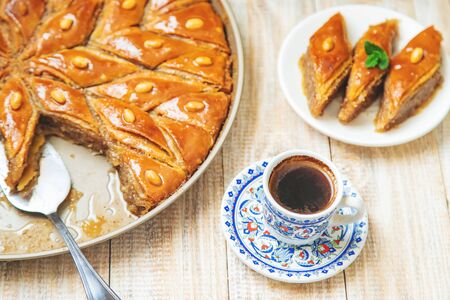 Turkish coffee and baklava on the table. Selective focus. nature.の写真素材