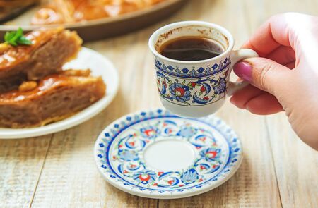 Turkish coffee and baklava on the table. Selective focus. nature.