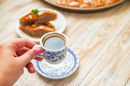 Turkish coffee and baklava on the table. Selective focus. nature.の写真素材