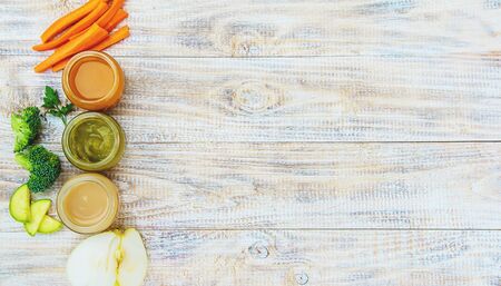 baby food in small jars. Selective focus. nature.の写真素材