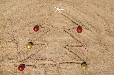 Christmas tree made of shells in the sand. Selective focus. nature.の写真素材