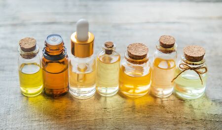 Tea tree essential oil in a small bottle. Selective focus. nature.の写真素材