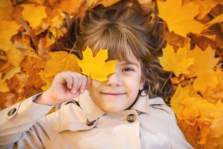 Children in the park with autumn leaves. Selective focus.