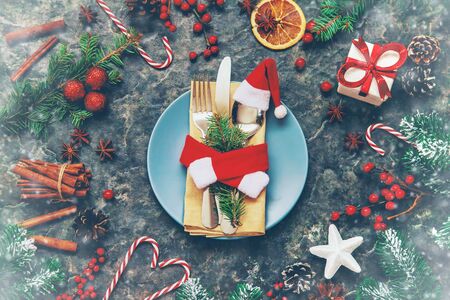 Christmas background. Table setting. Selective focus Holiday Foodの写真素材