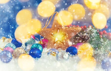 Merry Christmas and Happy New Year, Holidays greeting card with blurred bokeh background.