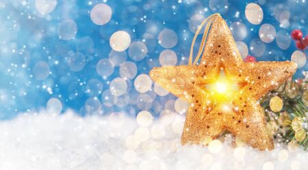 Merry Christmas and Happy New Year, Holidays greeting card with blurred bokeh background.