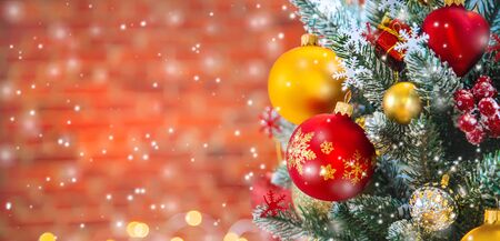 Christmas background greeting card with beautiful decor. Selective focus. Holiday.の写真素材