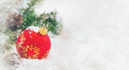 Christmas background greeting card with beautiful decor. Selective focus. Holiday.の写真素材