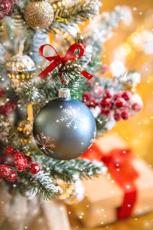 Christmas background greeting card with beautiful decor. Selective focus. Holiday.の写真素材