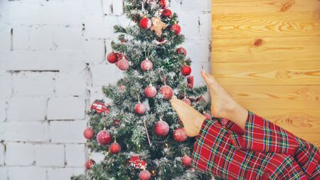 Christmas morning, girl with gifts in her hands. Selective focus. Holiday.