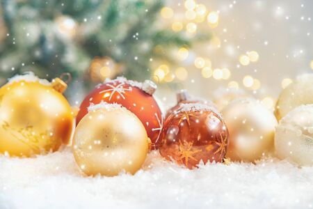 Beautiful christmas background with decor. Selective focus. Holiday.の写真素材