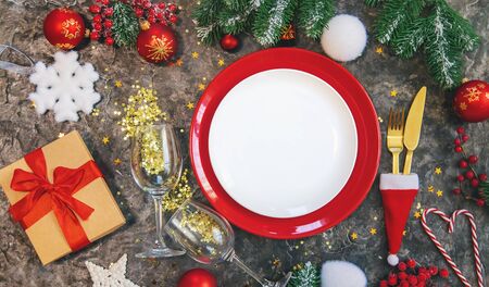 Christmas table. Holiday dinner concept. Selective focus beautifulの写真素材