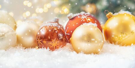 Beautiful christmas background with decor. Selective focus. Holiday.の写真素材