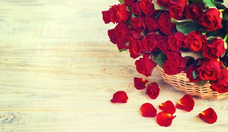 Bouquet of red roses, a gift for Valentine's Day. Selective focus. Holiday.の写真素材