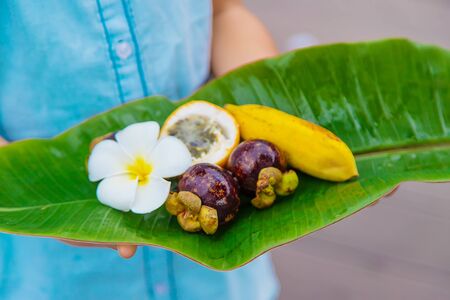 Child in hands with exotic fruits. Selective focus. nature.の写真素材