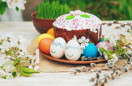 Easter still life on a spring background. Selective focus. nature.