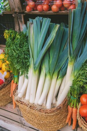 Market stalls with vegetables and fruits. Selective focus. Food.