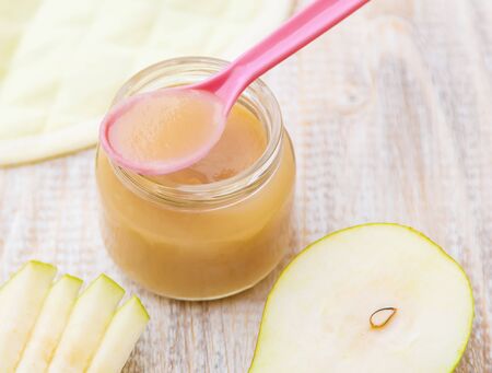 baby food in small jars. Selective focus. nature.の写真素材