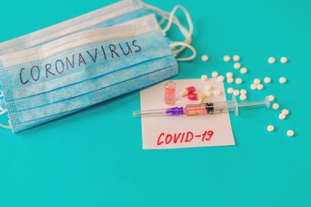 Coronavirus. Remedies. Masks on a blue background. Selective focus medicine